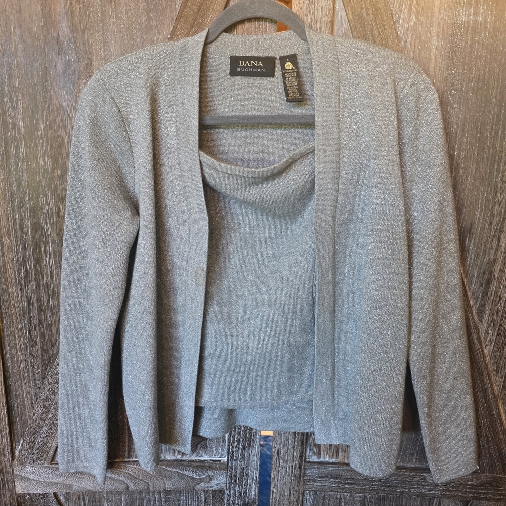 Dana Buchman Sweater Women's Size Small Silver Sparkle Cardigan & Halter Set